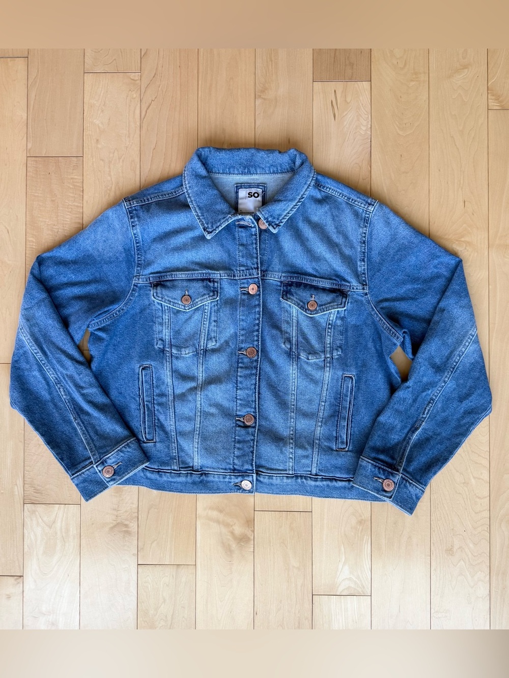SO Denim Jacket Womens XL Light Medium Wash Stretch Jean Jacket Classic